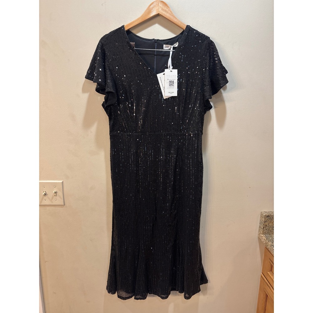 NWT Grace Karin Black Sequin V-Neck Flutter Sleeve Midi Dress CL010634-1 Large